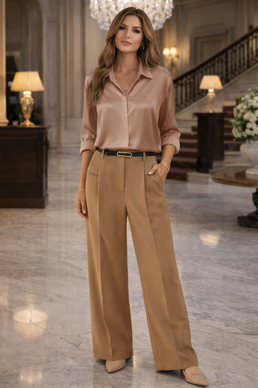 Silk Satin Blouse with Camel Wide-Leg Trousers Formal Outfit for Women | Elegant Business & Office Wear